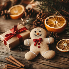 A handmade felt gingerbread man with a sweet smile sits on a rustic wooden table next to cinnamon sticks, dried orange slices, red ribbon, and a small wrapped gift.