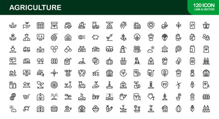 Agriculture Icons Pack. Minimal and flat icons of seeds, barns, tractors, and farming tools for agricultural, farming, and rural design projects.