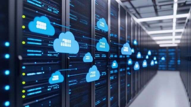 A modern server room featuring cloud computing icons, symbolizing data storage and processing capabilities. - Powered by Adobe