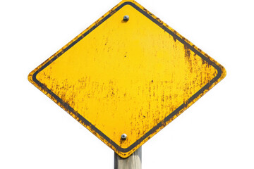 Blank yellow diamond shaped road sign with rust and scratches isolated on a transparent background traffic