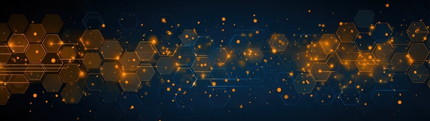 A dynamic graphic design showcasing a network of glowing hexagons against a dark navy blue background.