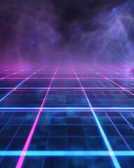 Futuristic Holographic Grid – Radiant Neon Accents on Deep Navy Mist Background