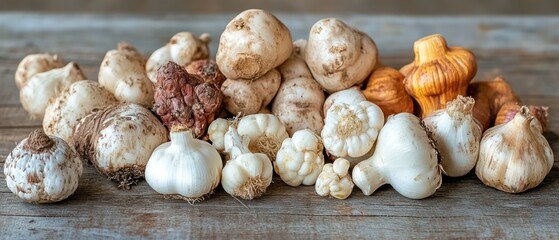 Assortment of garlic bulbs and root vegetables on rustic wooden surface