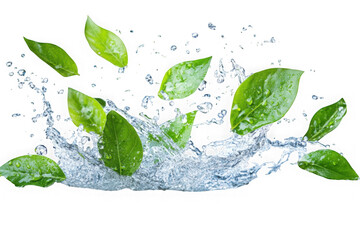 Fresh green leaves with water splashes against black background isolated on a transparent background