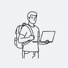 Young man with backpack holding laptop