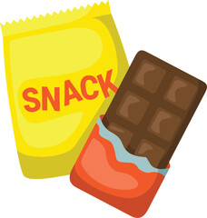 A yellow snack bag with the word SNACK in orange next to a chocolate bar in orange and blue wrapper