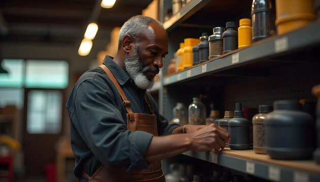 skilled male artisan carefully organizes jars in workshop, showcasing his dedication