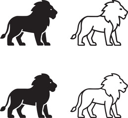Lion icon set, savannah predator silhouette, wild animal symbol, lion minimal vector, line outline, filled black vector, thin stroke modern, isolated professional icon pack