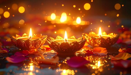 Radiant Diwali setup with crystal diyas casting warm golden glows, surrounded by shimmering petals and magical light reflections on glossy surfaces