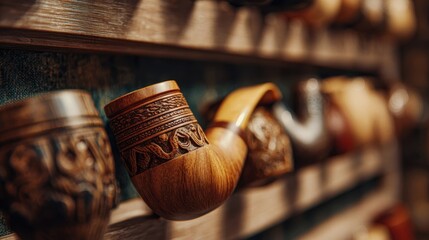 Wooden pipe collection displayed on a wallmounted rack focused pipe showing carved details with soft blur on surrounding pipes creating depth.