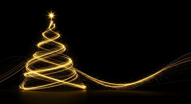 Elegant Christmas tree outline with abstract golden lines.