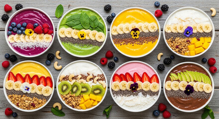 Fototapeta premium A vibrant display of smoothie bowls showcases a variety of colorful fruits, nuts, and seeds, promoting healthy eating and creative food presentation