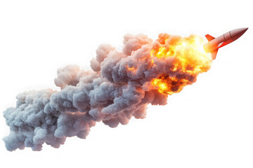 Rocket launch with bright orange fire and white smoke trail isolated on a transparent background explosion