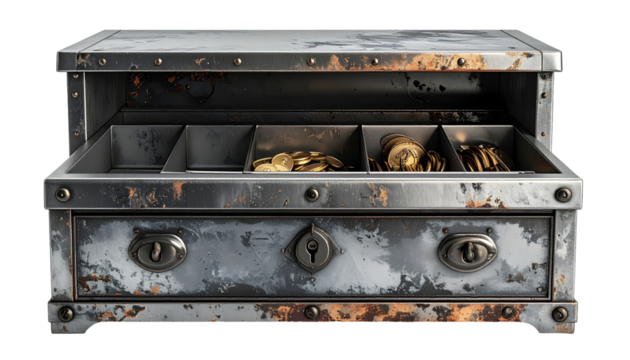 Rusty metal coin box with compartments