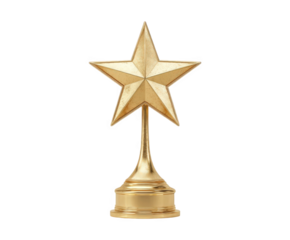 A golden star trophy on a pedestal, isolated on transparent background, symbolizing achievement, success, and recognition in various fields like sports, academics, or business