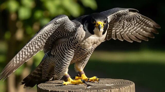 Peregrine Falcon Perched with Wings Spread on Wooden Post in Sunlit Forest.