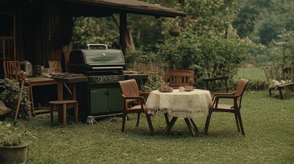 Rustic backyard grill scene with wooden chairs and table