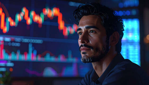 Focused Male Stock Trader Analyzing Financial Market Data on Computer Screen at Night.