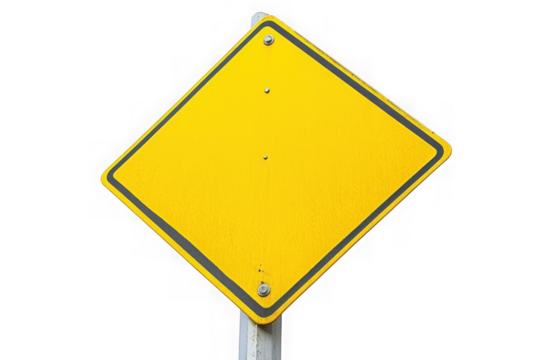 Yellow diamond shaped road sign with dark border on white pole isolated on a transparent background traffic