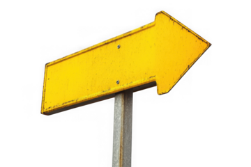 Yellow directional arrow street sign with weathered texture on metal pole isolated on a transparent background