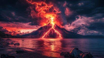 Volcanic eruption with lightning night dramatic nature scene
