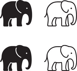 Elephant icon set, safari animal silhouette, wild mammal symbol, elephant minimal vector, line outline, filled black vector, thin stroke modern, isolated professional icon pack