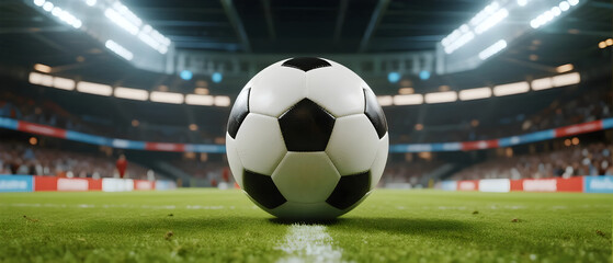 Soccer ball on the field ready for a championship game in a packed stadium at night