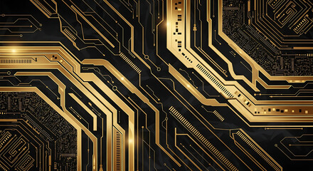 Abstract background featuring a circuit board design with golden lines and black backdrop
