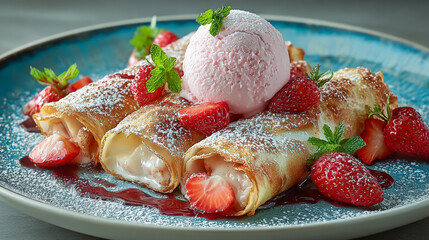 Crepes filled with cream and strawberries topped with ice cream and mint on a blue plate