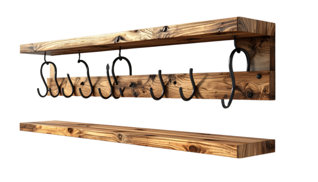 Wooden wall-mounted shelf with hooks