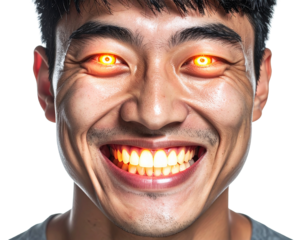A high-contrast illustration of a person with an unsettling, wide grin and glowing yellow eyes, with a strange aura