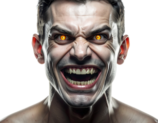 An unsettling illustration of a person with a wide, eerie grin and glowing yellow eyes, in a high-contrast style