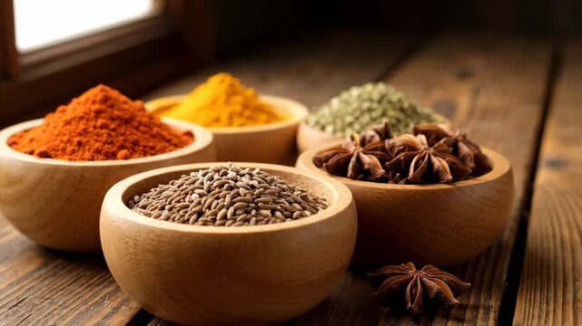 Aromatic Spices in Wooden Bowls - Various kinds of spices are displayed in small wooden bowls on a rustic wooden surface.