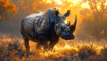 Majestic white rhinoceros in golden sunrise savanna