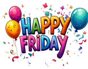 A joyful typography-based design for "Happy Friday" with colorful balloons and confetti