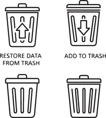 Flat linear design. Trash can isolated icons. Black and white open and closed trash can. The symbol is to add to the trash and restore data from the trash. Vector illustration.
