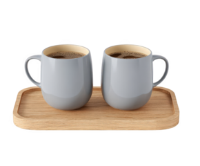 Two modern grey coffee mugs filled with dark coffee, resting on a light wooden tray, isolated on transparent background