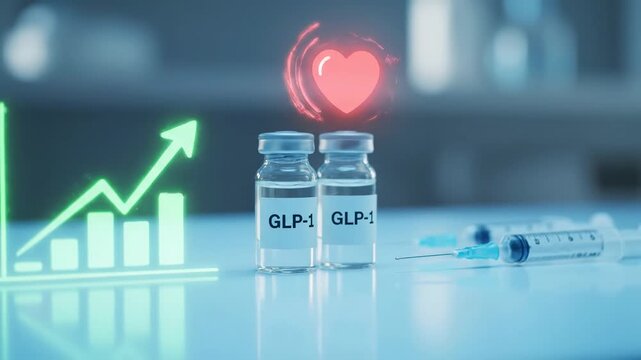GLP-1 Hormone Therapy: Heart Health and Growth - Three vials labeled GLP-1 are displayed alongside a syringe and a glowing heart icon, symbolizing the benefits of GLP-1 hormone therapy for