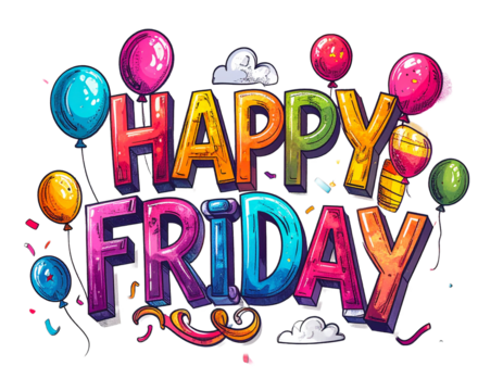 A fun, typography-based design with the phrase "Happy Friday" and vibrant, colorful balloons - Powered by Adobe
