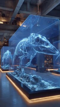 Glowing Blue Skeleton Exhibits in Modern Museum