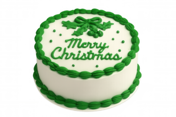Christmas cake with green frosting saying merry christmas, festive holiday dessert for seasonal celebrations, transparent background