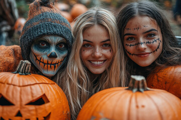girls in Halloween costumes posing for a photo.