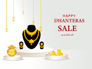 Happy Dhanteras Indian Festival Diwali biggest gold sale pedestal podium banner, poster and web header design vector illustration.
