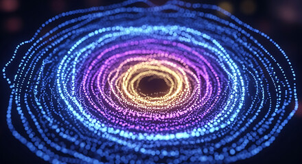 Abstract concentric circles of glowing dots in blue purple and gold on a dark background