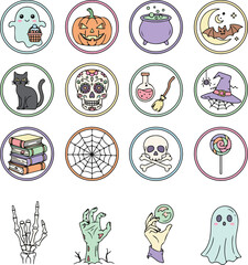 Colorful Halloween Line Art Icons Pack with Spooky Characters and Four Unique Blood Splatters