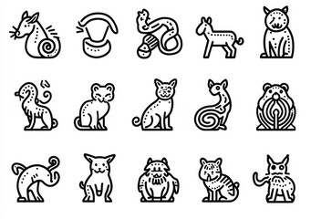 A collection of Chinese zodiac icons created in the style of one-line outline art