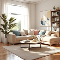 Fototapeta premium Serene Living Room Interior: A bright, modern living room features a cozy sofa, elegant decor and natural light, inviting relaxation and comfort.