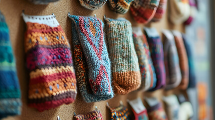 Colorful knitted socks hang on a display board. Handmade wool socks close up.