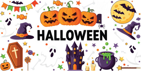 Spooky and colorful Halloween celebration with pumpkins, ghosts, and a haunted castle