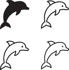 Dolphin icon set, ocean mammal silhouette, marine wildlife symbol, dolphin minimal vector, line outline, filled black vector, thin stroke modern, isolated professional icon pack